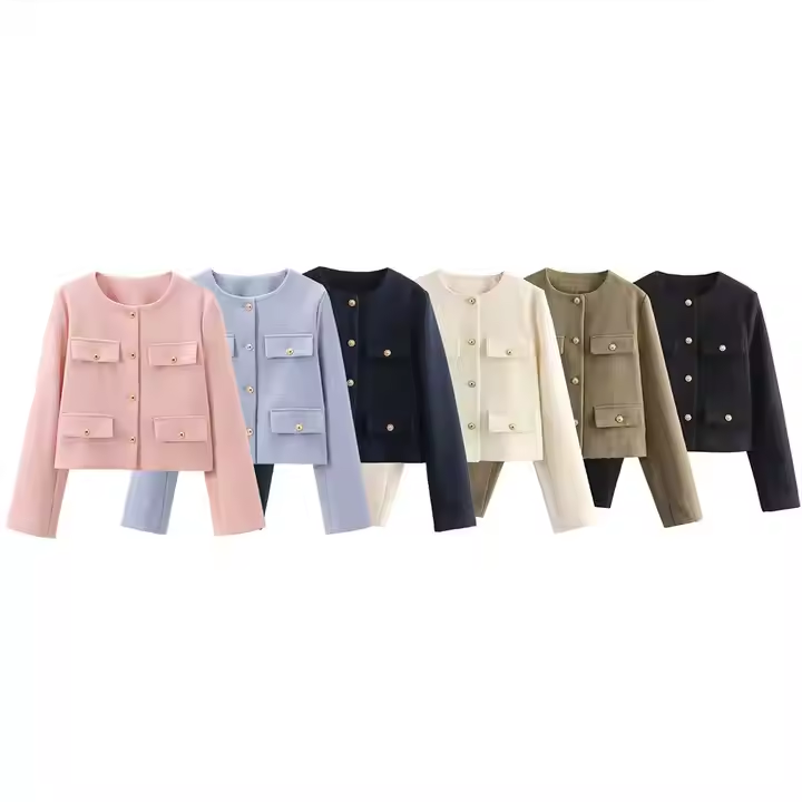 Women New Fashion Clamshell Trim Short Blazer Coat Vintage Long Sleeve Pockets Female Outerwear Chic