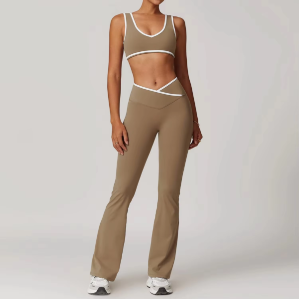 Women's New Contrasting Colors Active Set Push up Gym Vest Biker Shorts Sports Bra Flare Leggings Set Fitness Yoga Suit - Image 4