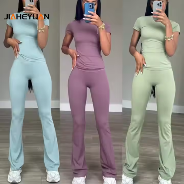 Fitness Clothing Athletic Leggings Activewear Gym Yoga T-shirt and High Waist Stacked Pants Sets Women - Image 2