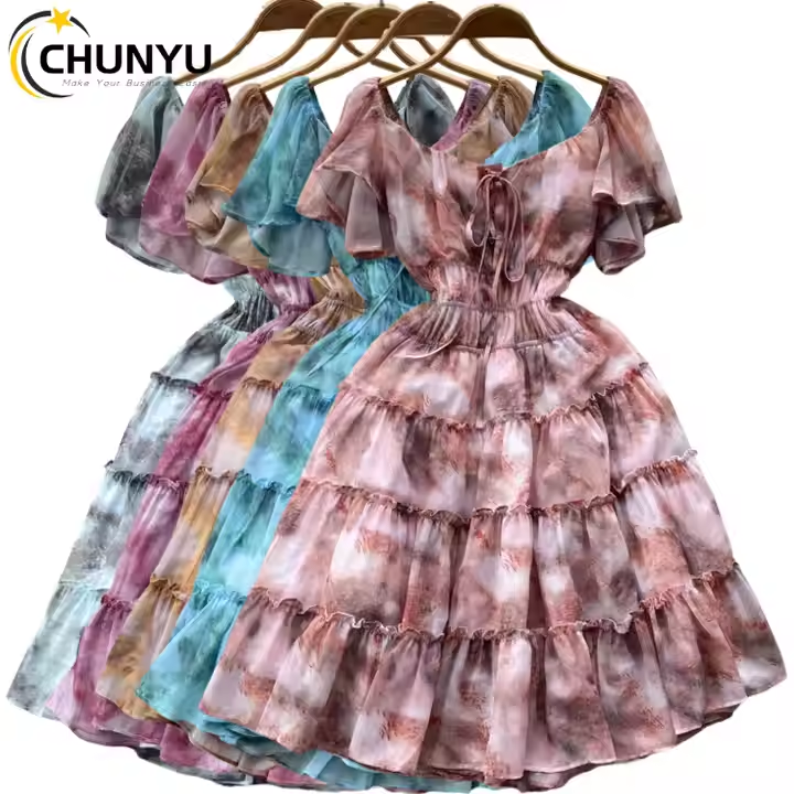 Short Sleeve Square Collar Print A-Line Dress Summer Simple High Waist Mini Dress Ladies Casual Dress Clothes Women Wholesale