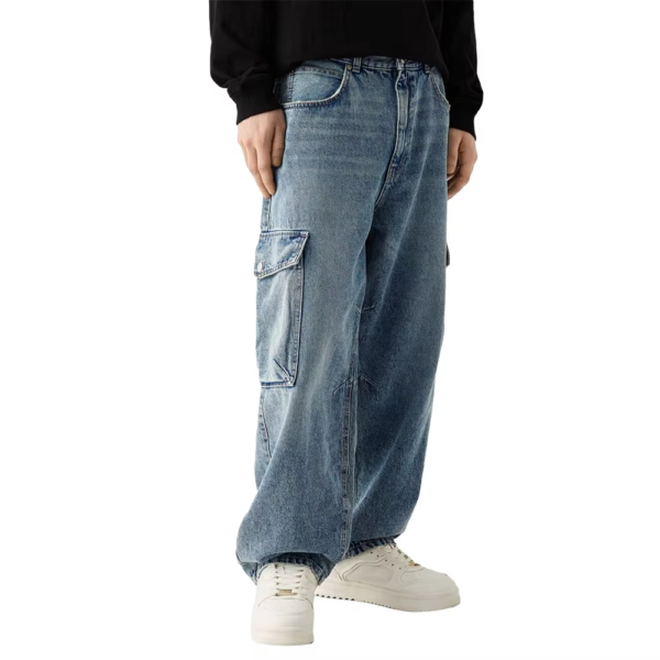 Gingtto Side Pocket Straight Jeans Cargo Stacked Super Baggy Jeans for Men - Image 4