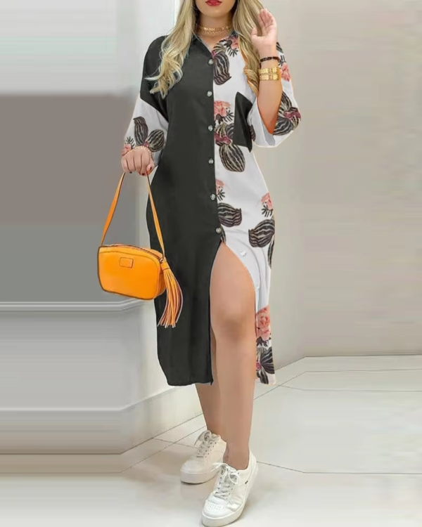 Women Patchwork Casual Shirt Dress Button Down Drop Shoulder Elegant Women Print Maxi Long Shirt Dress - Image 2