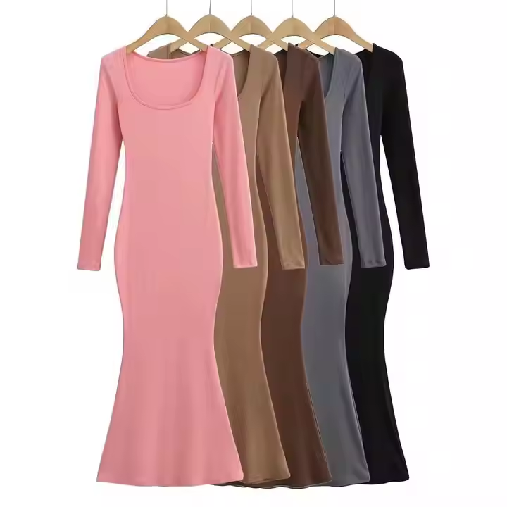 Women’s Grace Square Neck Long Sleeve Mermaid Shape Sexy Bodycon Maxi Casual Dresses