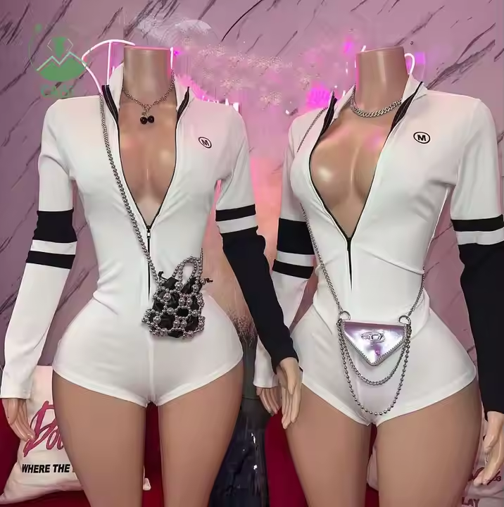 Hot Knitted Color Block Zipper Tight Jumpsuit Fashion Long Sleeves Short Romper