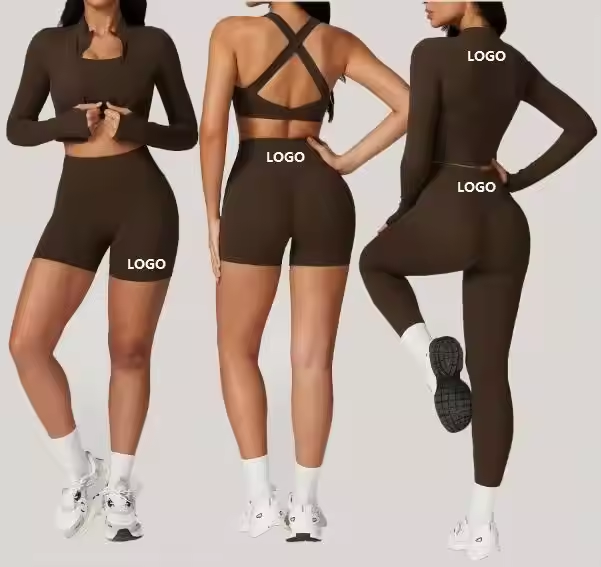 Women’s Yoga Set 4 Piece Seamless Activewear Gym Leggings with Long Sleeves Individualized Fitness Clothing