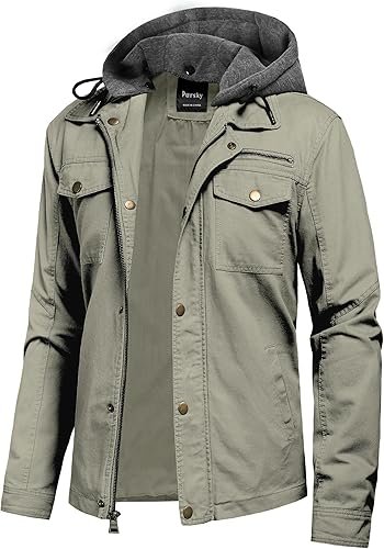 Pursky Men’s Canvas Cotton Military Casual Field Jacket Outerwear With Removable Hood