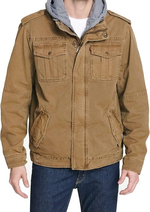 Levi's Men's Washed Cotton Hooded Military Jacket Worker Brown